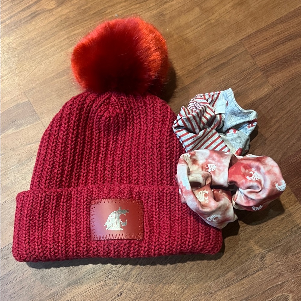 WSU Red Knit Beanie with Pom-Pom and Scrunchies